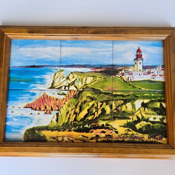 Vintage Portugal Tile Tray with Lighthouse Scene – Handled Wooden Serving Tray - Picture 7 of 9
